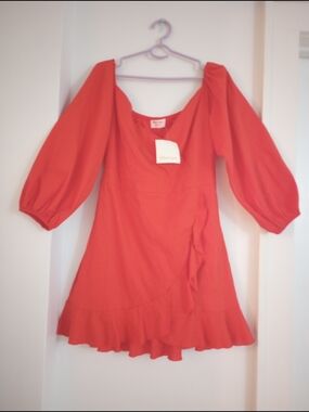 Showpo Linen Blend Tangerine Red Puff-Sleeve Tie Belt Side Zip Dress Size 12